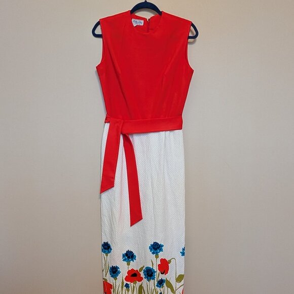 VINTAGE 1970s Nelly Don mod maxi dress orange and flowers EUC - Picture 1 of 14